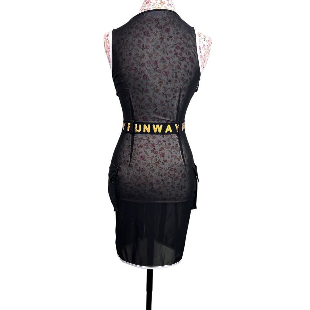 Justin Shane Black Mesh Zip Dress Medium RUNWAY Belted Bodycon Club Streetwear - Picture 3 of 12